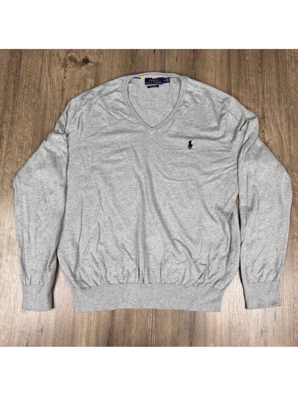 Polo Ralph Lauren Mens Jumper M Grey V Neck Cotton Slim Fit Preppy Logo
